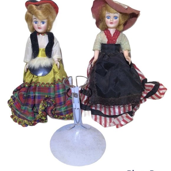 VTG 1950’s Scottish 7.5” dressed up 2 dolls w/1 stand Sleepy‎ Eyes Open/close - Picture 1 of 9